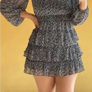 Express Black and White Smocked Tiered Mini Dress